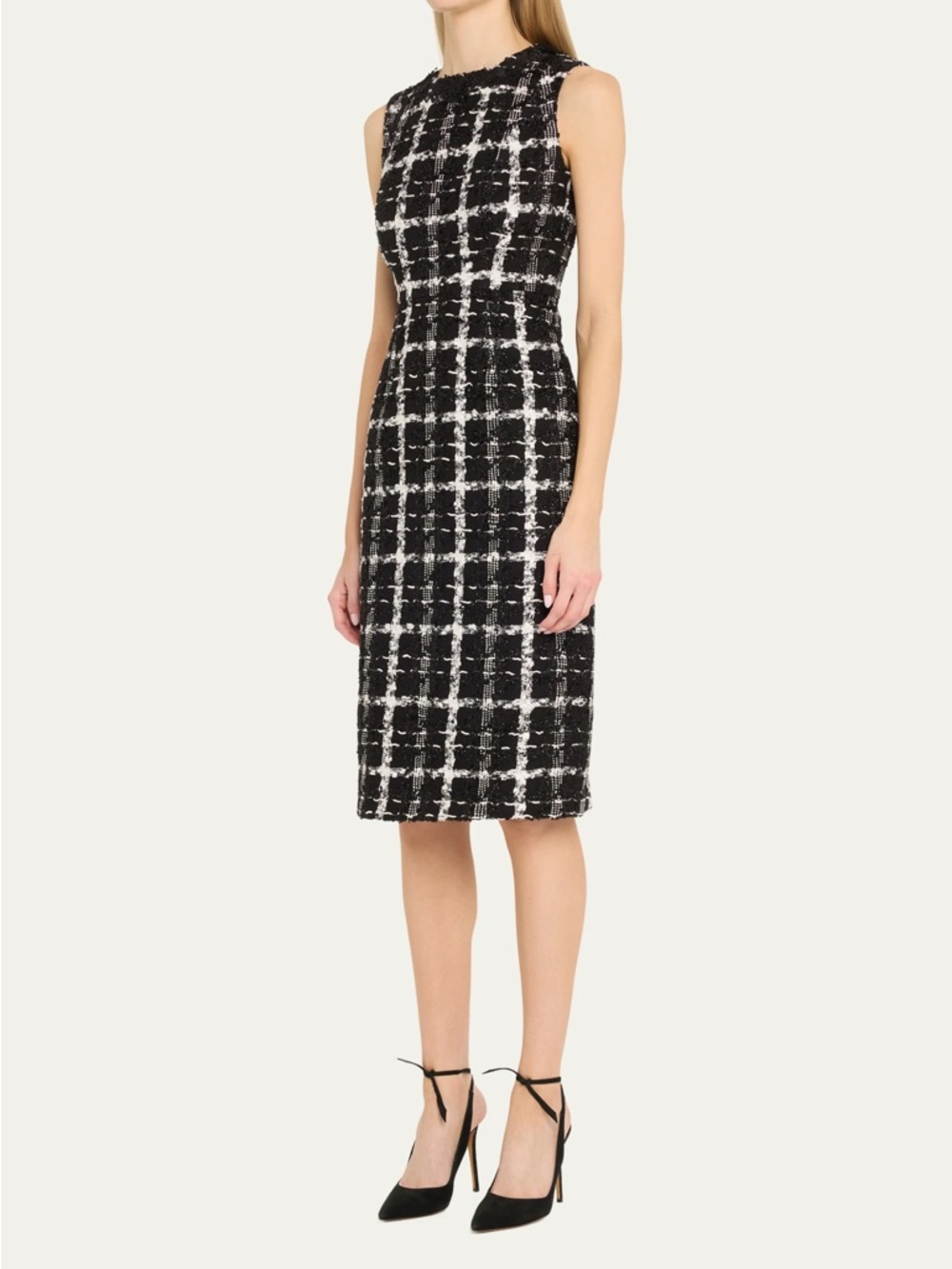 Carolina Herrera Black and White Tweed Midi Sheath Dress